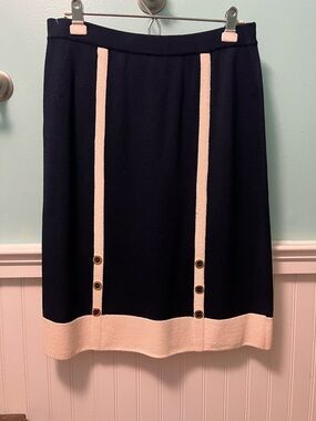 St. John Navy Midi Skirt with Cream Trim and Button Detail
